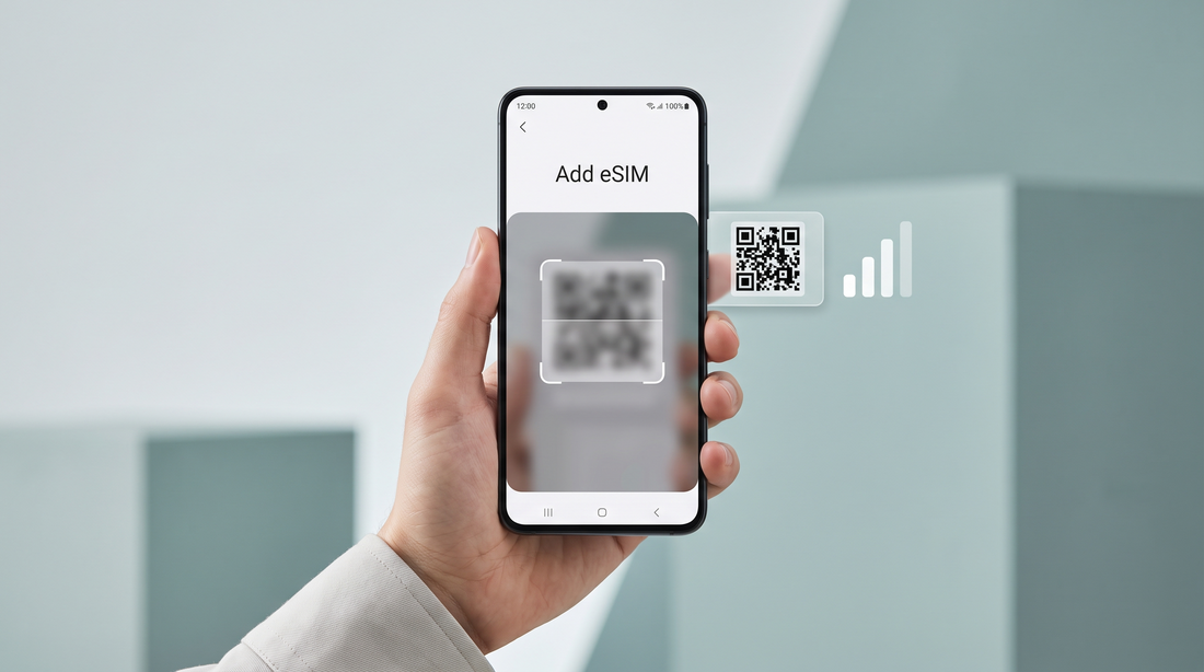 Samsung Galaxy smartphone displaying the Add eSIM settings screen with a QR code scanning frame
