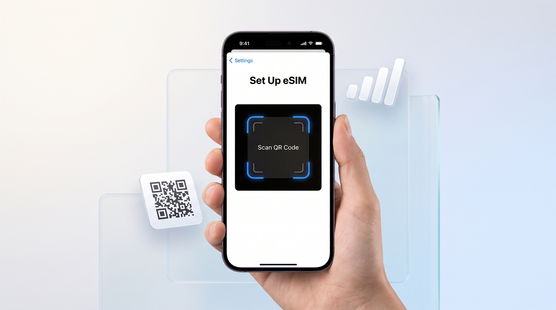 iPhone displaying the Set Up eSIM settings screen with a QR code scanning frame