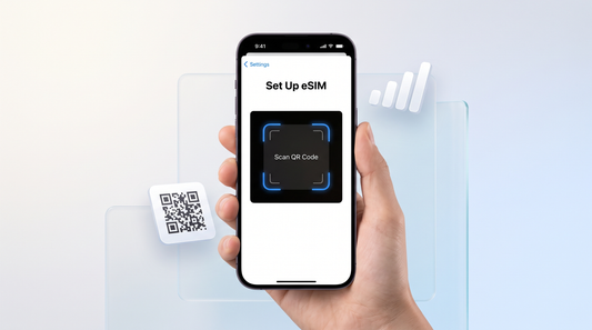 iPhone displaying the Set Up eSIM settings screen with a QR code scanning frame